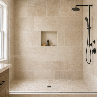 Travertine shower walls with large format tiles and glass enclosure in a modern bathroom