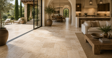 Luxury Mediterranean great room featuring French Pattern Ivory Travertine flooring with indoor outdoor architecture and natural sunlight