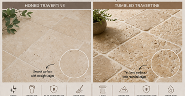 Side by side comparison of honed travertine and tumbled travertine tile textures and edges