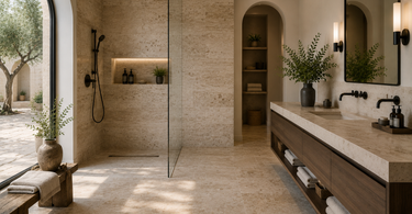 Luxury bathroom with large format travertine tile walls and warm natural stone spa-style design