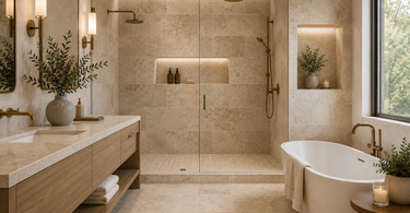 Luxury bathroom with large format travertine tile, natural stone shower walls, and warm neutral spa-style design