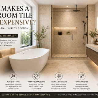 Luxury bathroom with large format travertine tile, glass shower, and natural stone flooring creating a high-end spa-like design