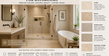 Luxury bathroom with warm neutral travertine tile colors including ivory beige and soft natural stone tones