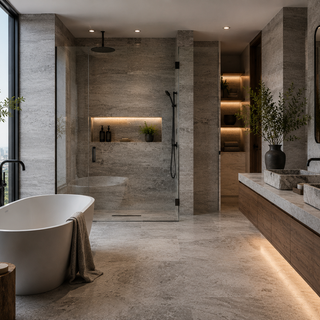 Modern luxury bathroom featuring Silver Travertine tile with contemporary natural stone textures and moody architectural lighting