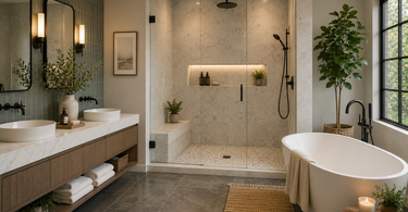 Luxury spa-style bathroom with warm travertine tile, large format shower walls, and soft natural stone textures