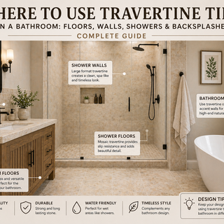 Bathroom with travertine tile on floor, shower walls, and vanity backsplash creating a cohesive natural stone design