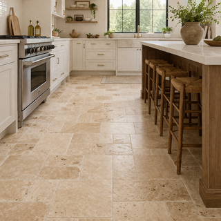 Travertine tile kitchen floor in a bright modern kitchen showing natural stone texture and warm tones