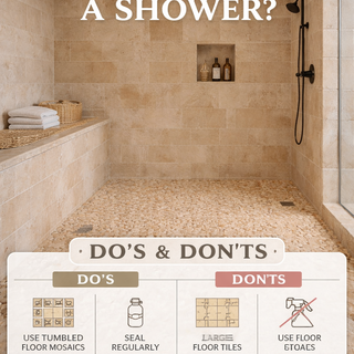Walk-in shower with tumbled travertine mosaic floor and honed travertine wall tiles