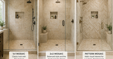 Travertine mosaic shower floor with small tiles and natural stone texture in a modern bathroom