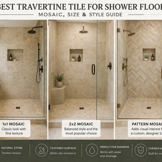 Travertine mosaic shower floor with small tiles and natural stone texture in a modern bathroom