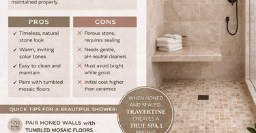 Honed travertine tiles installed on shower walls with niche detail in a modern bathroom