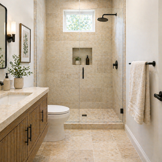 Small bathroom with travertine tile floor and light colored walls creating a bright open space