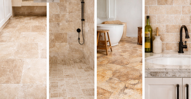 Travertine tile layout patterns including straight lay, brick, Versailles, herringbone, and subway used in bathrooms and showers