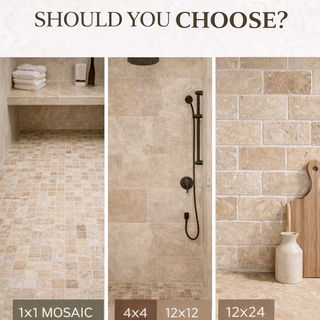 Different travertine tile sizes including 4x4, 12x12, 12x24 and mosaic used on bathroom floor, shower wall and kitchen backsplash