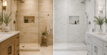 Bathroom design comparing travertine tile and marble tile showing natural stone differences in texture and style