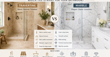 Side by side comparison of travertine and marble tile in bathroom shower and floor design showing warm natural stone vs bright veined marble