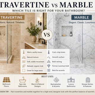 Side by side comparison of travertine and marble tile in bathroom shower and floor design showing warm natural stone vs bright veined marble