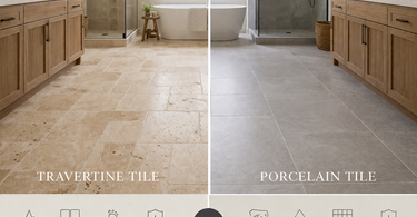 Bathroom floor comparison showing natural travertine tile texture beside porcelain tile surface