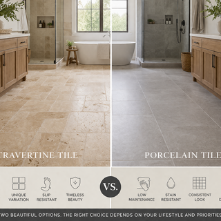 Bathroom floor comparison showing natural travertine tile texture beside porcelain tile surface