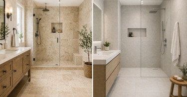 Bathroom with travertine tile floor and porcelain tile wall showing natural stone versus modern tile design