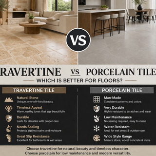 Side by side comparison of travertine natural stone floor tile and porcelain floor tile in a modern home interior
