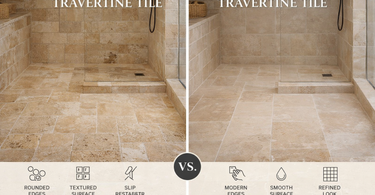 Comparison of tumbled and honed travertine tile finishes on bathroom floor and shower wall