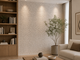 Golden leather and white marble mosaic tile by Mythology Tile, close-up of textured mosaic pattern for interior design.
