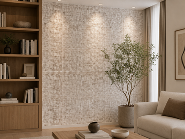 Golden leather and white marble mosaic tile by Mythology Tile, close-up of textured mosaic pattern for interior design.