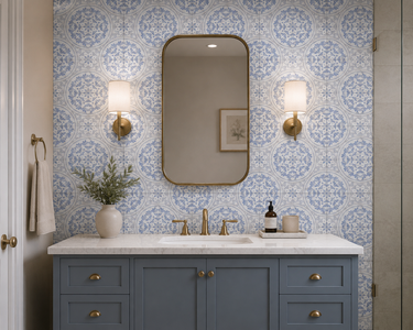 White marble mosaic tile with intricate iris pattern from Mythology Tile's Amelia Iris collection, perfect for decorative wall or floor design.