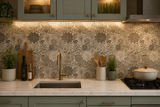 White marble mosaic tile from Mythology Tile's Lidya Garden collection, showing intricate mosaic pattern and polished surface.
