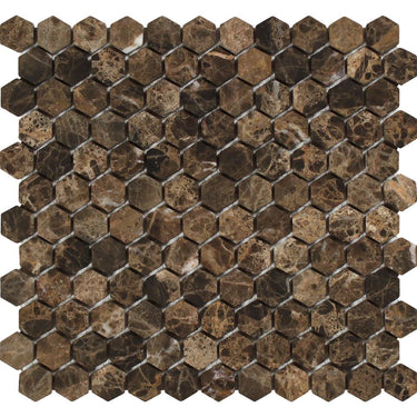 1X1 Polished Emperador Dark Marble Hexagon Mosaic Tile.