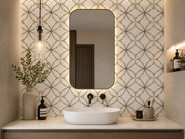 Waterjet Monaco Thassos brass and stainless steel mosaic tile by Mythology Tile, showcasing a sleek, reflective mosaic pattern.