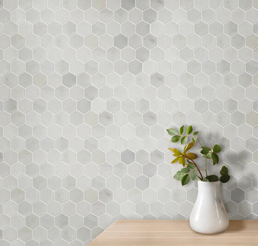 1 x 1 Polished Oriental White Marble Hexagon Mosaic Tile - MosaicBros.com