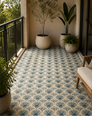 Mythology Tile scallop-shaped travertine venato mosaic tile showcasing earthy stone patterns and intricate design details.