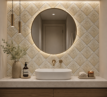 White gold marble geometric mosaic tile by Mythology Tile featuring intricate marble patterns and a modern mosaic design.