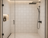 White dolomite and Turkish Carrara marble mosaic tile from Mythology Tile, featuring intricate waterjet-cut mosaic design.