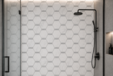 Mythology Tile Dolomit Hex marble mosaic tile with Carrara strip, featuring hexagonal shapes and elegant white marble accents.