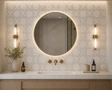 White dolomite and Turkish Carrara marble mosaic tile by Mythology Tile, featuring intricate waterjet-cut design for elegant decor.