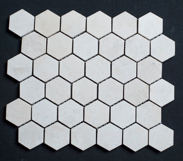 Bianco Cream Light 2 x 2 Hexagon Filled and Honed Travertine Mosaic Tile - MosaicBros.com