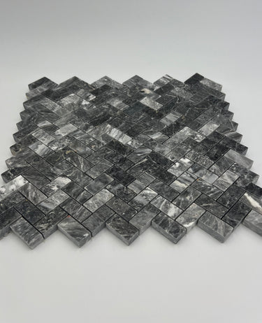 5/8 x 1 1/4 Bardiglio Marble Herringbone Polished Mosaic Tile - MosaicBros.com