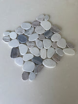 Natural stone pebble mosaic tile by Roca, 11x11 inch Mist Mix mosaic featuring smooth, rounded pebbles in neutral tones.