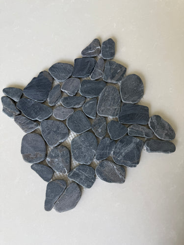 Black 11x11 natural stone pebble mosaic tile for wall decoration, featuring smooth, rounded pebbles arranged in a mosaic pattern.
