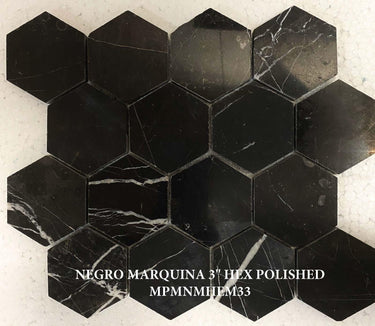 Nero Marquina Hexagon 3x3 Polished Mosaic Tile - MosaicBros.com