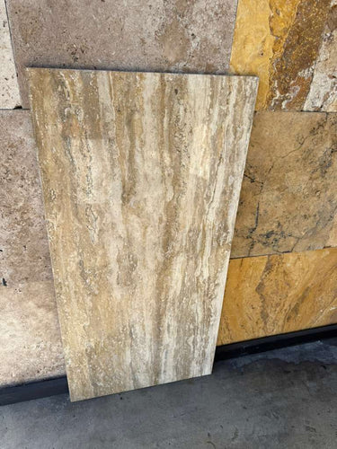 Italian Vein Cut Travertine natural stone tile in 18x36 size, filled and honed, by RN, showcasing smooth, elegant surface and veined pattern.