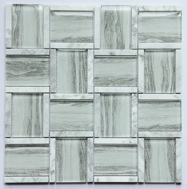 Glass and Aluminum Pattern White Wood Look Glass Mosaic Tile - MosaicBros.com