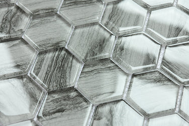 Grey Wood Look Glass 2” Hexagon Glass Mosaic Tile - MosaicBros.com