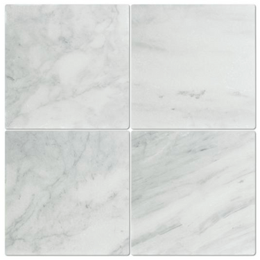 Bianco Mare 24x24 tumbled marble tile by MosaicBros, showcasing a smooth, natural white marble surface with subtle veining.