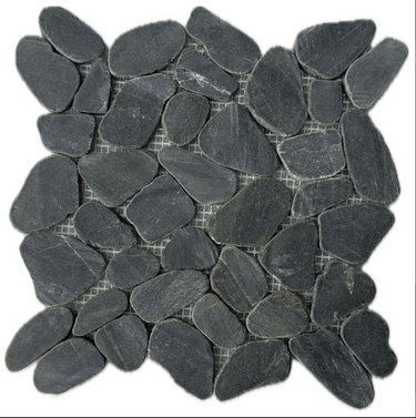 Black 11x11 natural stone pebble mosaic tile for wall application by Roca, showing textured pebble surface in close-up view.