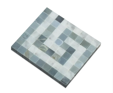 Bianco Carrara marble Greek key corner tile with blue-gray accents, polished 4x4 inch border and corner design by MosaicBros.com