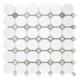 Thassos White Honed Marble Octagon Mosaic Tile w/ Mint Green Dots - MosaicBros.com